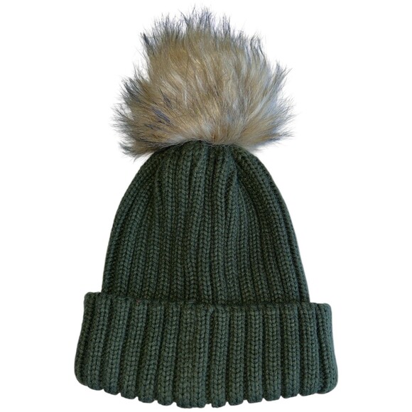 CC Beige Knit Beanie FURTALK Green Faux Fur Pom Hat Womens Winter Lot - Picture 13 of 16